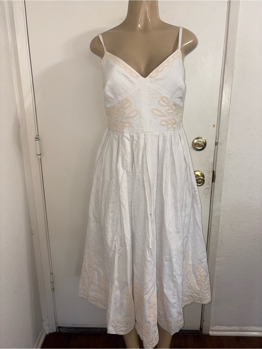 Christian Lacroix white linen blend embroidered midi sundress White V Neck Size